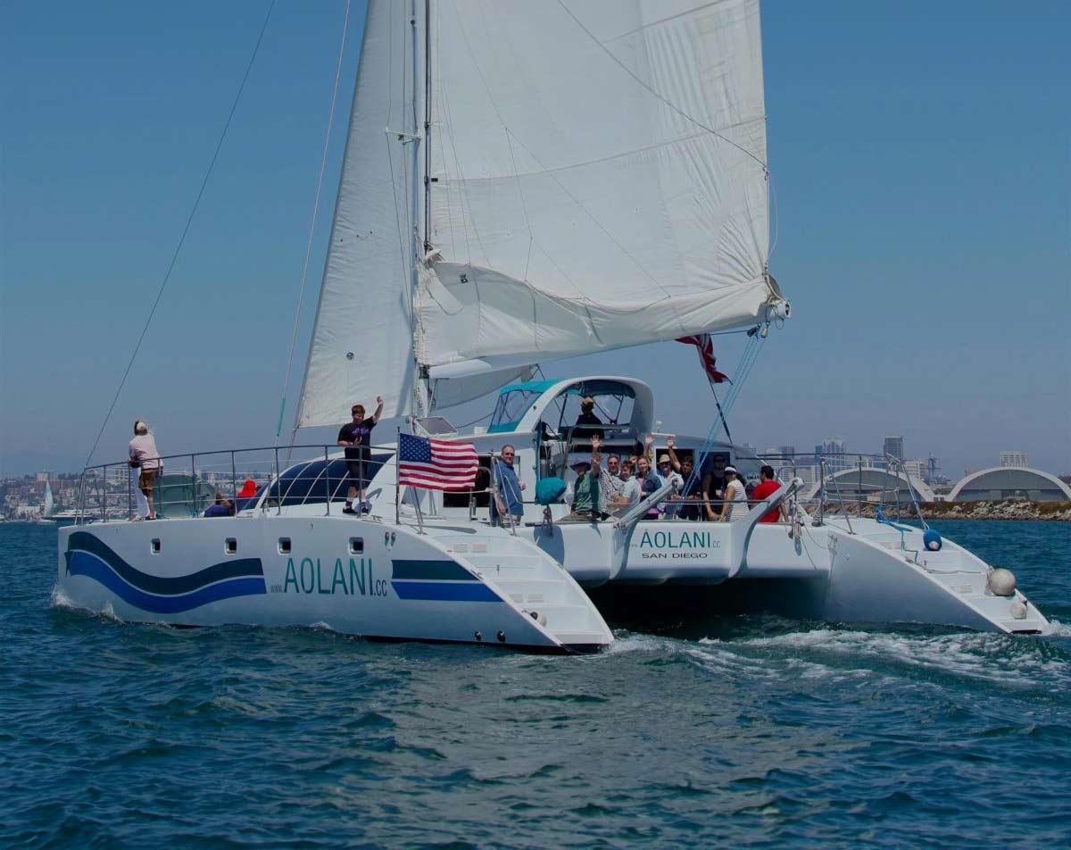 company party happening on catamaran sailboat in san diego